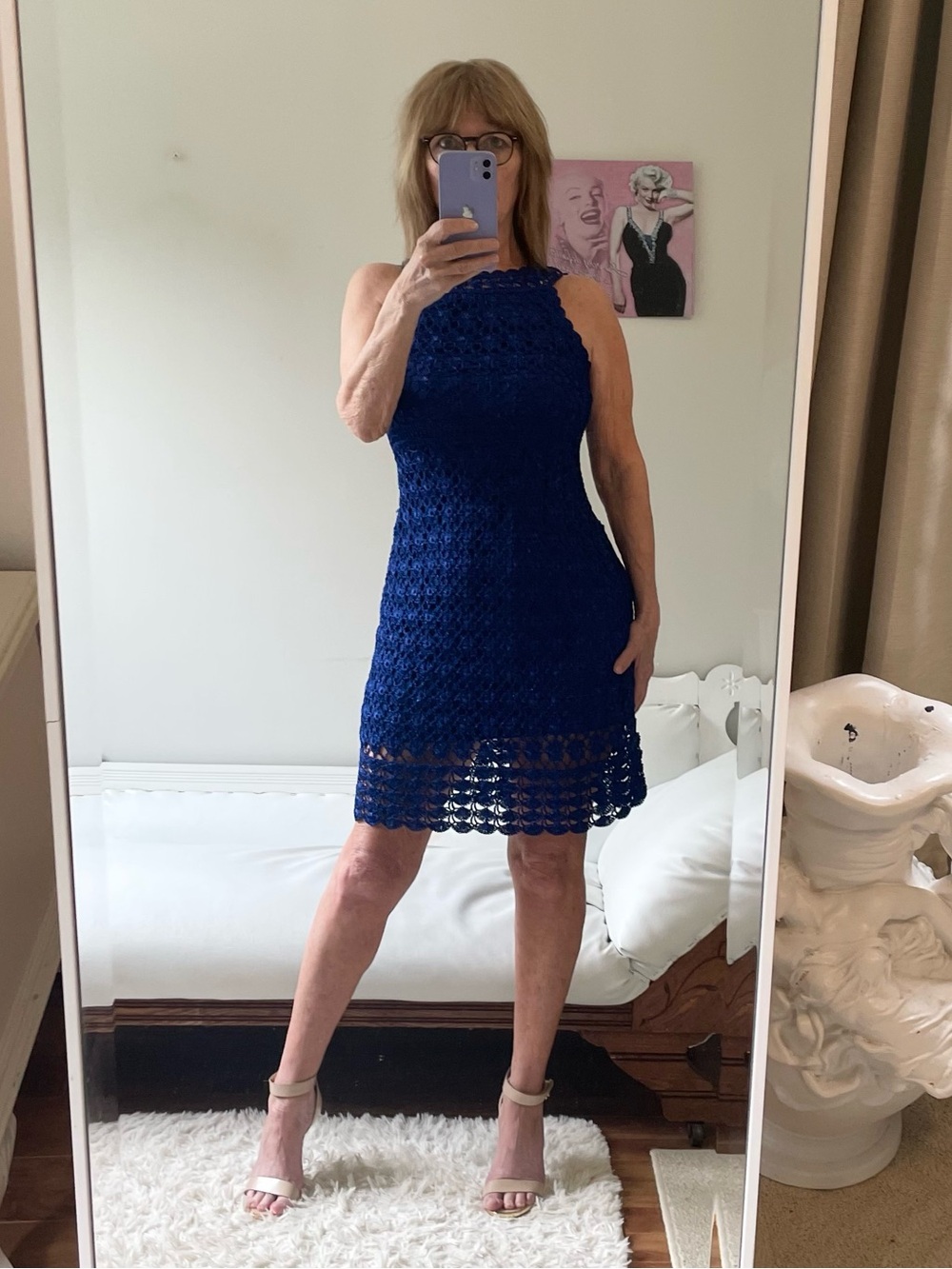 I.N.C NEW COBALT BLUE SLEEVELESS METALLIC CROCHET DRESS LINED ILLUSION STRETCH